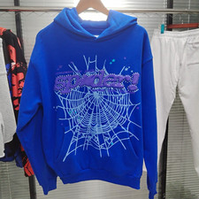 1:1 sp5der Blue Pullover Hoodie Spider Web Graphic Print Fleece Cotton Pockets M