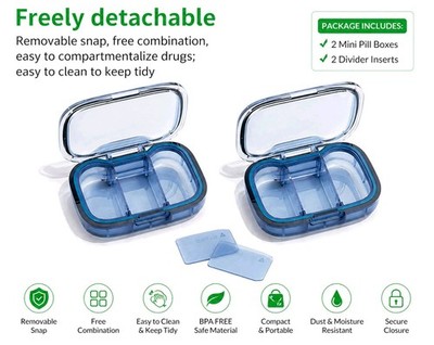 Mini Pill Box 2 Pack Travel Organizer BPA Free Case Removable Divider