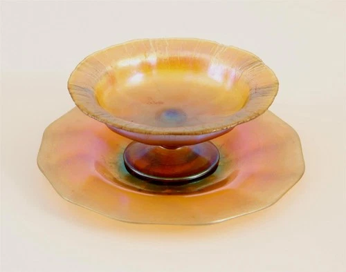 Antique LCT Tiffany Gold Favrile Pedestal Bowl Kew-Blas Union Art Glass Plate