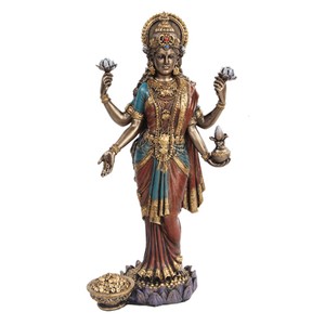 Bronze Hindu Goddess Lakshmi On Lotus Hinduism Display Statue