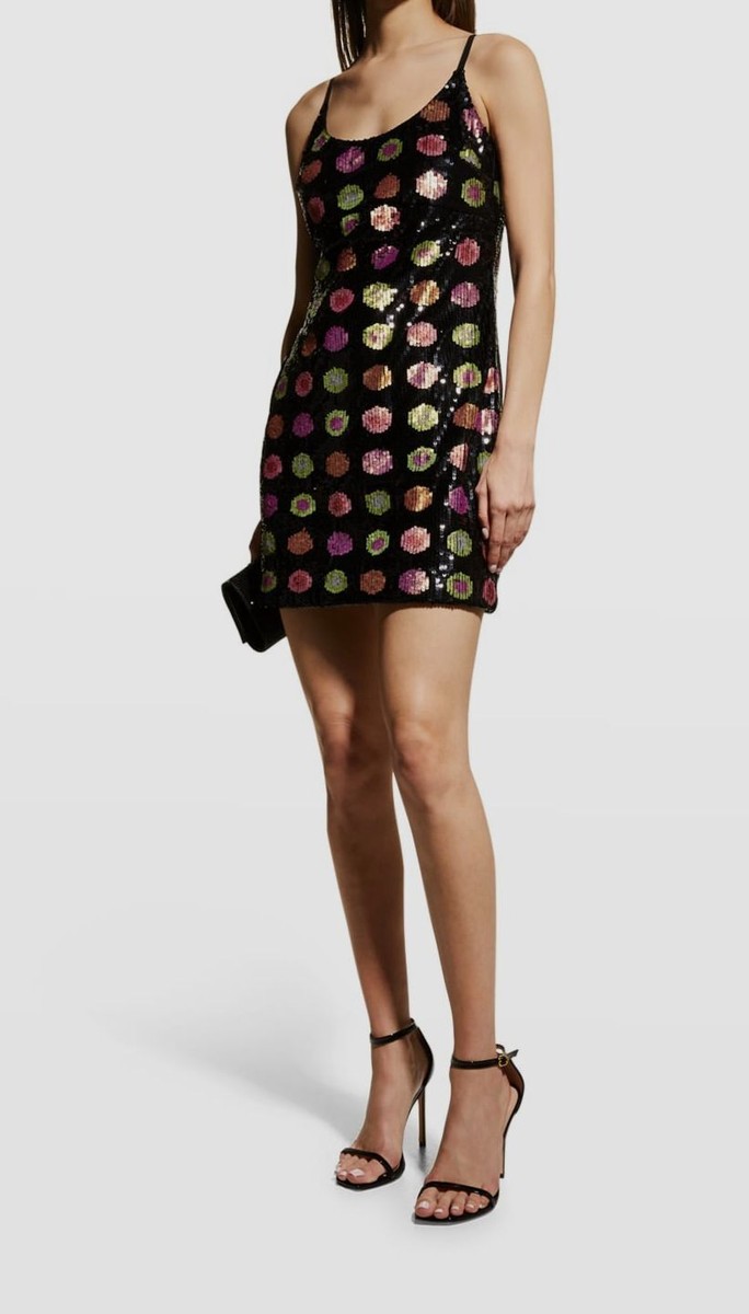$595 Nicole Miller Women's Black Sequin Polka-Dot Cutout Back Dress Size S