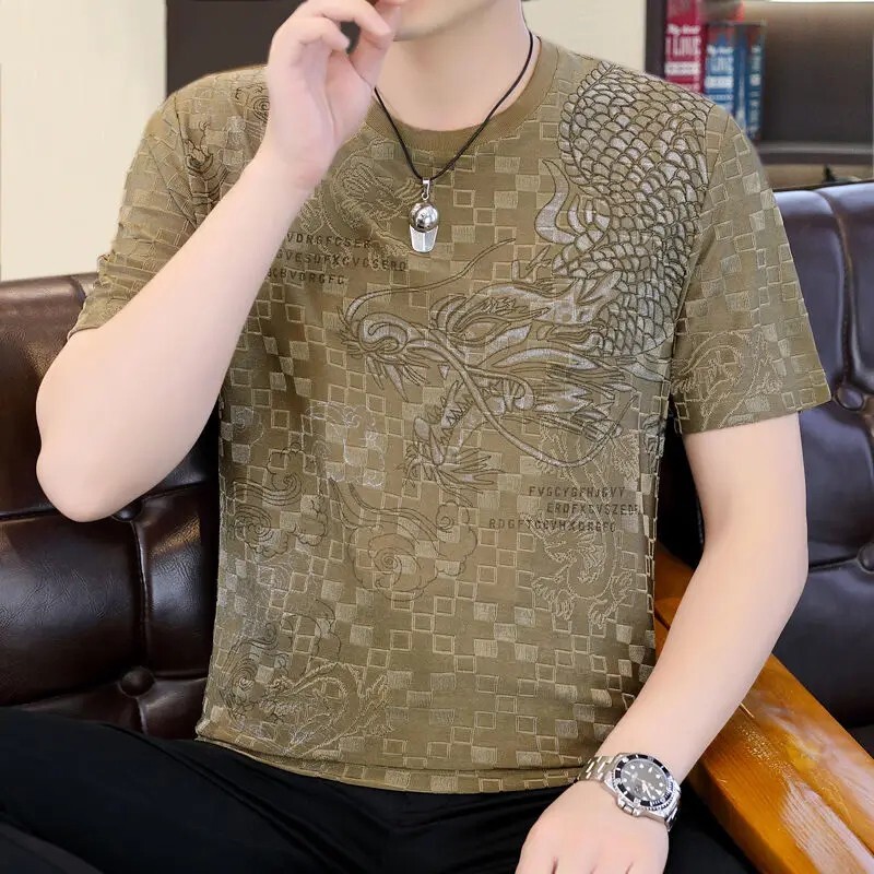 New Men Fashion Trend Dragon Print Trend Summer Short Sleeve Round Neck T-Shirt