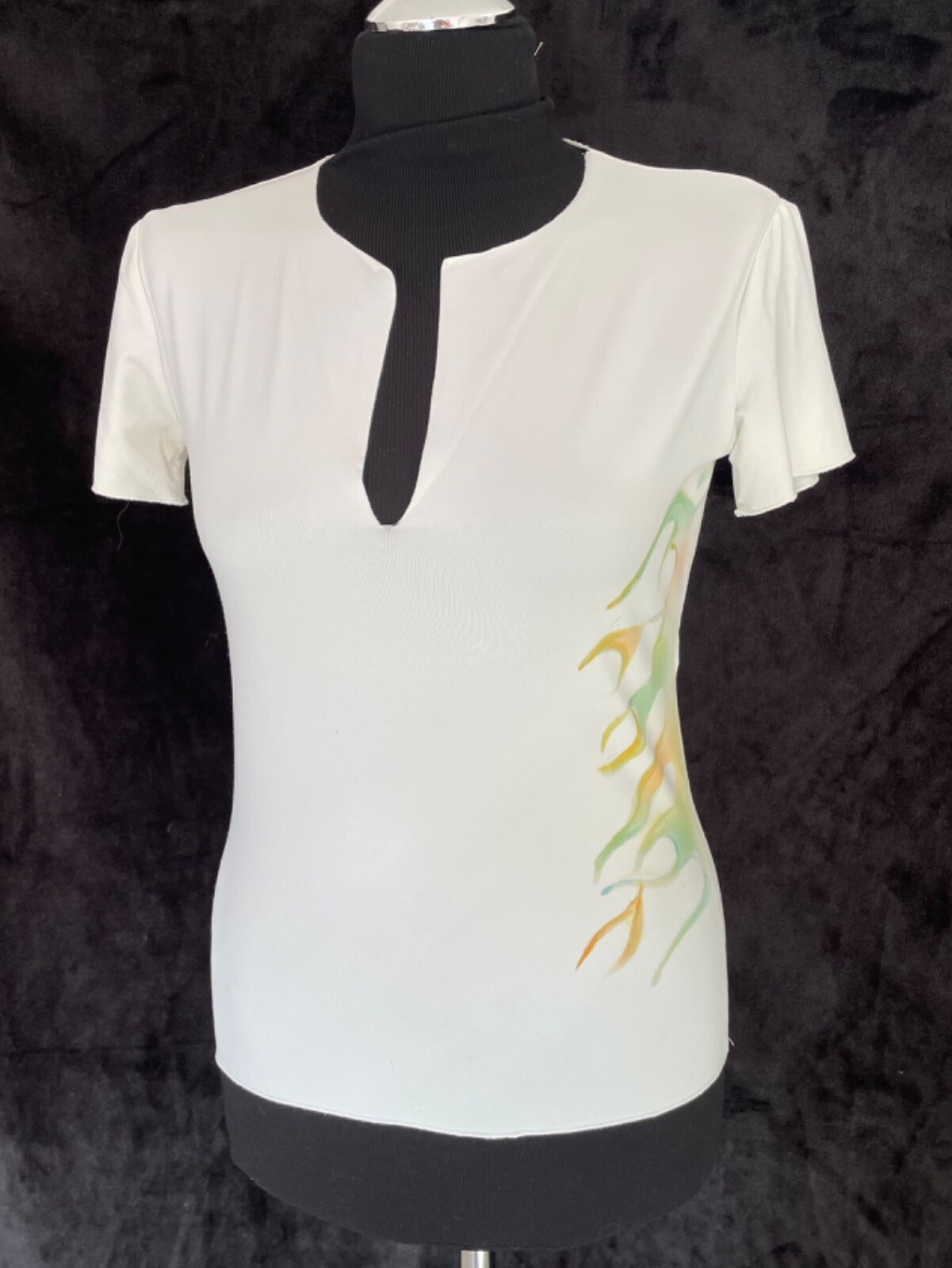 THIERRY MUGLER SEXY VINTAGE TOP TEE OFF WHITE GREEN/ORANGE FLAMES SIDE JERSEY M