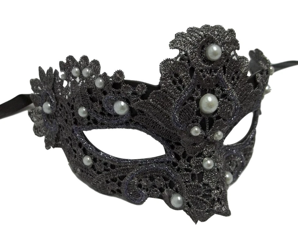 Dark Grey Pearl Macrame Lace Venetian Masquerade Mardi Gras Party Mask - Image 2 of 2