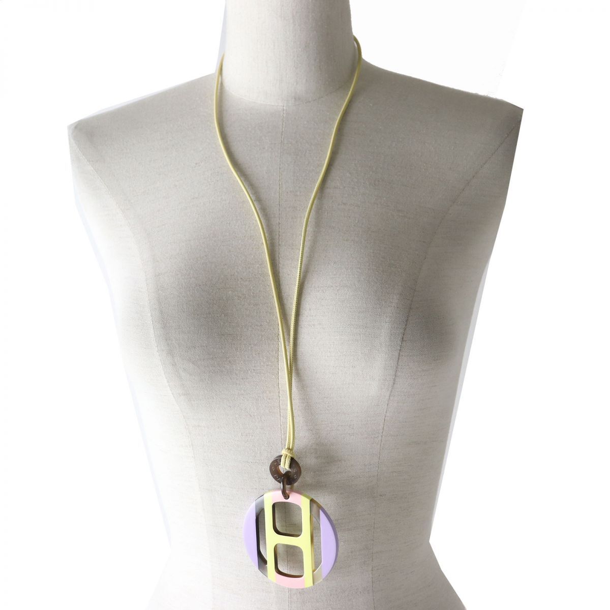 Hermes Pendant Necklace H Logo Equipe Buffalo Horn 057087FL