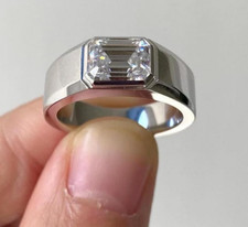 Men's Bezel Band Ring 3Ct Emerald Cut Lab Created Diamond 14K White Gold Plated