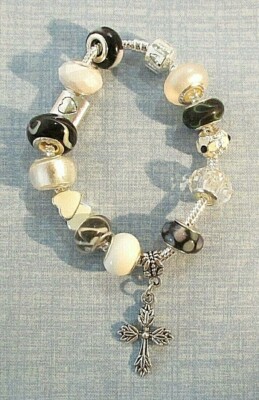 Black & White Murano Glass Bead & Crystal Silver 7.5'' Charm Bracelet (#1313)NWOT