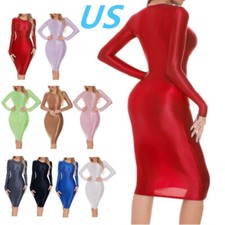 Women Oily Glossy Pencil Dress Long Sleeve Round Neck Bodycon Dress Clubwear