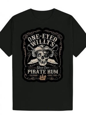 Black Vintage-Inspired Men's Graphic T-Shirt | ''One-Eyed Willy's Pirate Rum'' Cas
