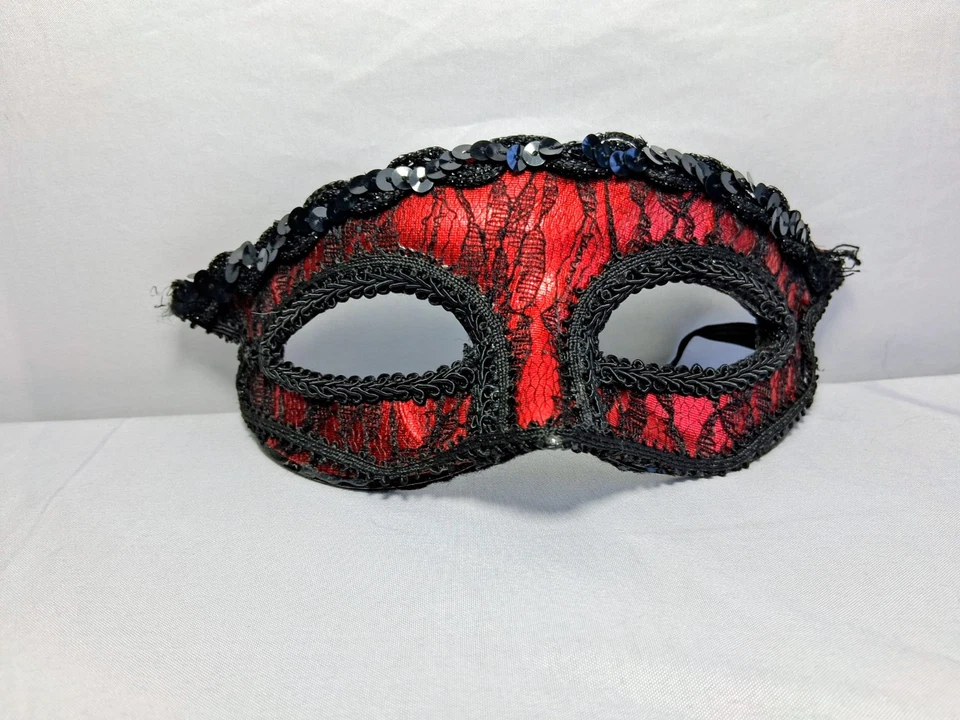 Máscaras masculinas e femininas venezianas simplistas festa festival de renda preto e vermelho elegante - Imagem 2 de 3