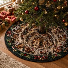 Snowy Christmas Village Quilted Tree Skirt, Winter Town Holiday Tree Mat, Holly