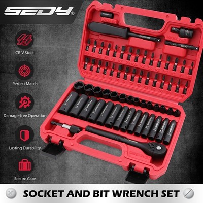 64PC 1/4'' Drive Impact Socket Wrench Bits Set Metric SAE Deep Shallow Ratchet S2