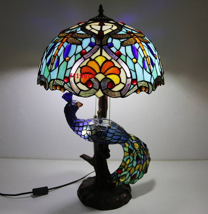 Peacock Tiffany Style Stained Glass Table Lamp, Vintage Handmade Decor Desk Ligh