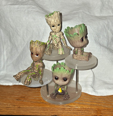Marvel Groot Figurine Lot of 4 w/ Display Stand, Plastic, Brown/Green