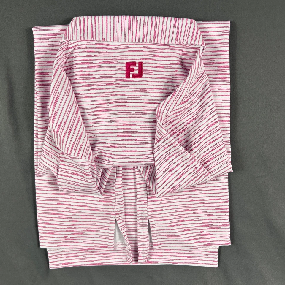 FootJoy Golf Shirt Polo Broken Stripe Large White Magenta Polyester NWT MSRP $88 - Image 3 of 4