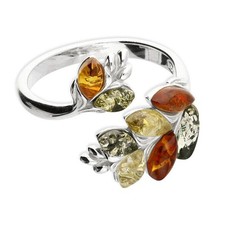 Mixed Amber Leaf Open Ring Statement Cocktail Wrap Solid Sterling Silver 925