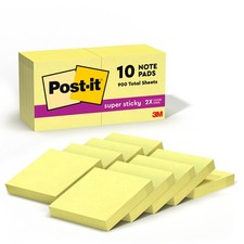 Post-it Super Sticky Notes, 2 in x 2 in, 10 Pads, 2X 1.9" x 4", Yellow