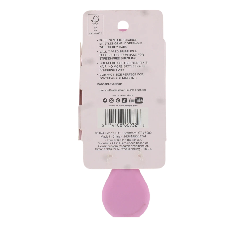 Mini cepillo de pelo con paleta Conair Detangle, tamaño compacto, rosa claro, 1 unidad Foto 2 de 2
