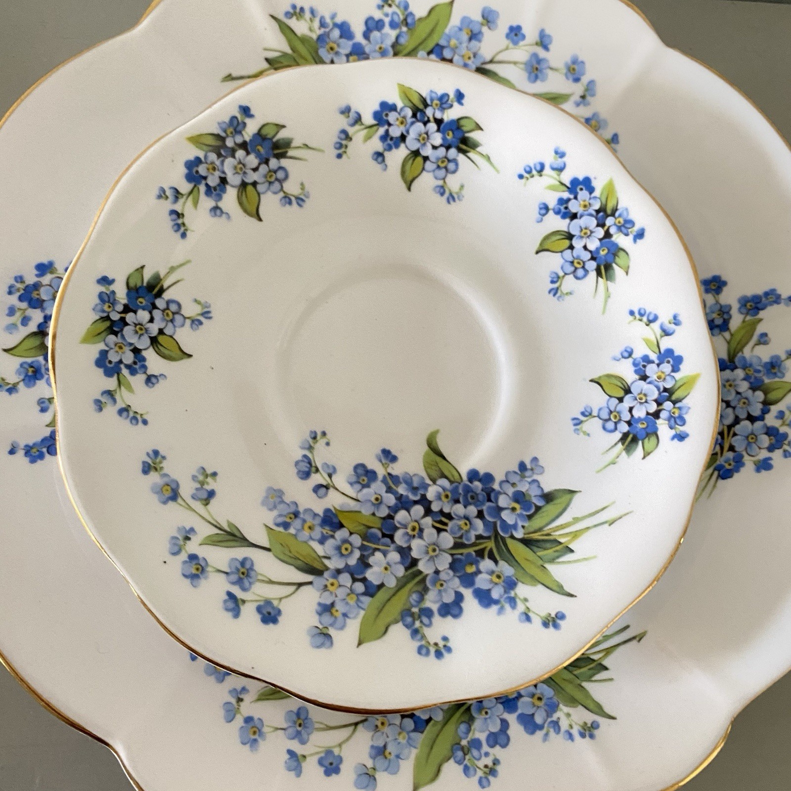 Royal Standard Tea Cup Saucer Dessert Plate Trio Forget Me Not Floral Mourning