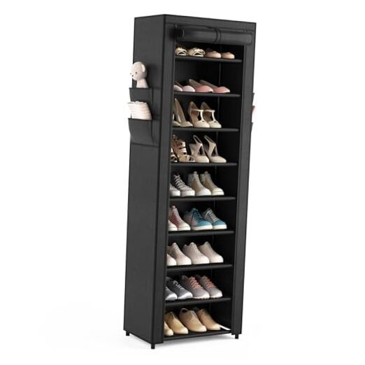 Narrow 10-Tier Shoe Rack Organizer with Cover and 4 Side Pockets