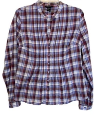 Moda International Y2K Button Up Top Size M Purple Plaid Metallic Striped Sheer 