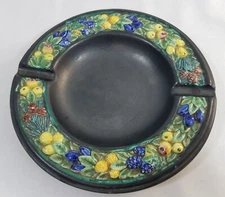 FZR Ceramic Ashtray Made in Italy Black Floral Grapes Raised Design Vintage MCM