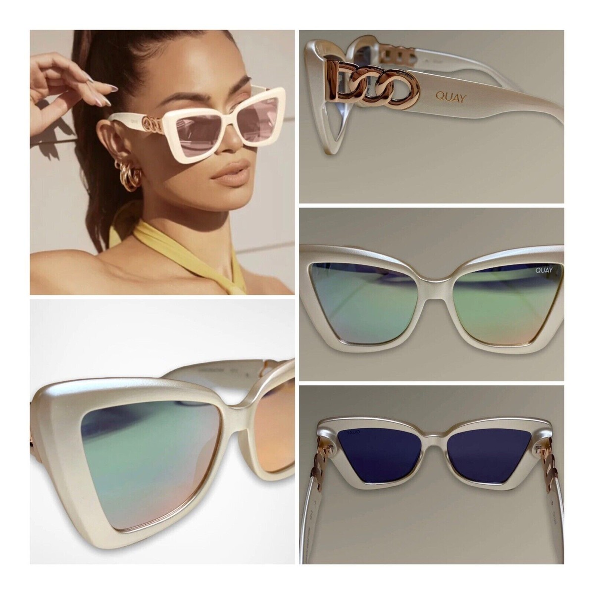 Quay Chain Reaction Pearl Rose Gold‎ Cat Eye Mirrored Sunglasses Retro Quay Australia CHAIN REACTION Cat Eye 48mm Oversize  main image 2