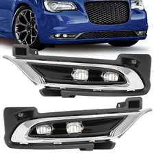 Pair LED Chrome Fog Lights Driver Passenger w/ Bezel For Chrysler 300 2015-2024