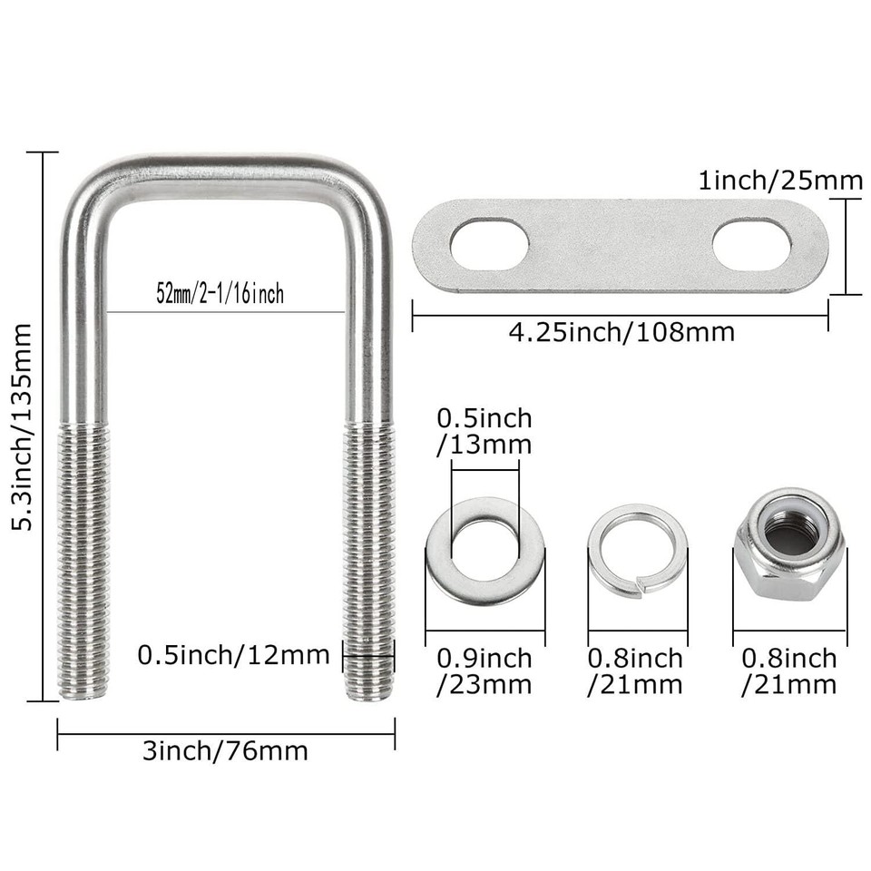 CertBuy 8 Pack Square U-Bolts 2-1/2"""" Inner Width 100mm Length 304 Stainless Steel U Bolts With Washers And Nuts Replacement Parts And Accessorie~p139082710 - View #3