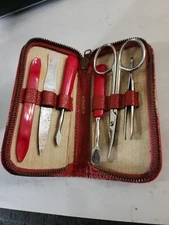 Vintage Manicure Kit in Red Leather Zip Case Made in West Germany