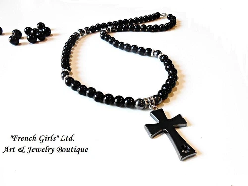 Mens Necklace Black Onyx Hematite Gemstone Mala Crucifix Cross Pendant Charm 