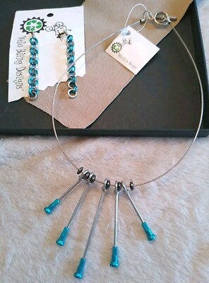 NEW! VELO BLING Blue Bicycle Bike Parts Necklace AND Earrings, Interesting!