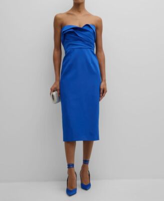 Milly Women's Blue Crepe Pleated Strapless Sheath Dress Size 2