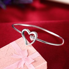 925 Sterling Silver Charm Round Bangle Women's Fashion Heart Bracelet