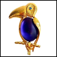 Vintage Sarah Coventry Signed Jelly Belly Toucan Bird Brooch Purple Gold Tone