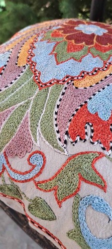 PAIR 2 Bohemian Hand Embroidered Needlepoint Suzani Throw Decor Pillows 18 x 18" - Picture 7 of 8