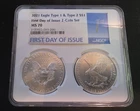 2021 SILVER EAGLE 2 COIN SET - TYPE 1 AND TYPE 2 - NGC MS70 FDI