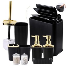 9-Piece  Gold Bathroom Set with Press-Top Slim Trash Can - Modern Black