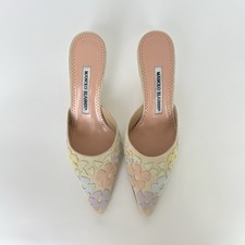 Vintage Manolo Blahnik pastel floral patchwork suede heeled mules, US 4.5, NIB