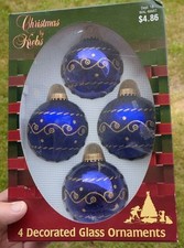 VTG Krebs Set 8 Glass BLUE  GOLD GLITTER Christmas Ball Ornaments Holiday Time