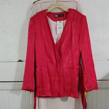 ZARA NWT Women XL Collarless Crinkle Effect Belt Blazer Metallic Hot Pink Button