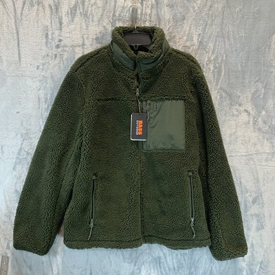 Bass Outdoor Men's Sherpa Jacket L Green Full Zip Insulated Fleece Pockets