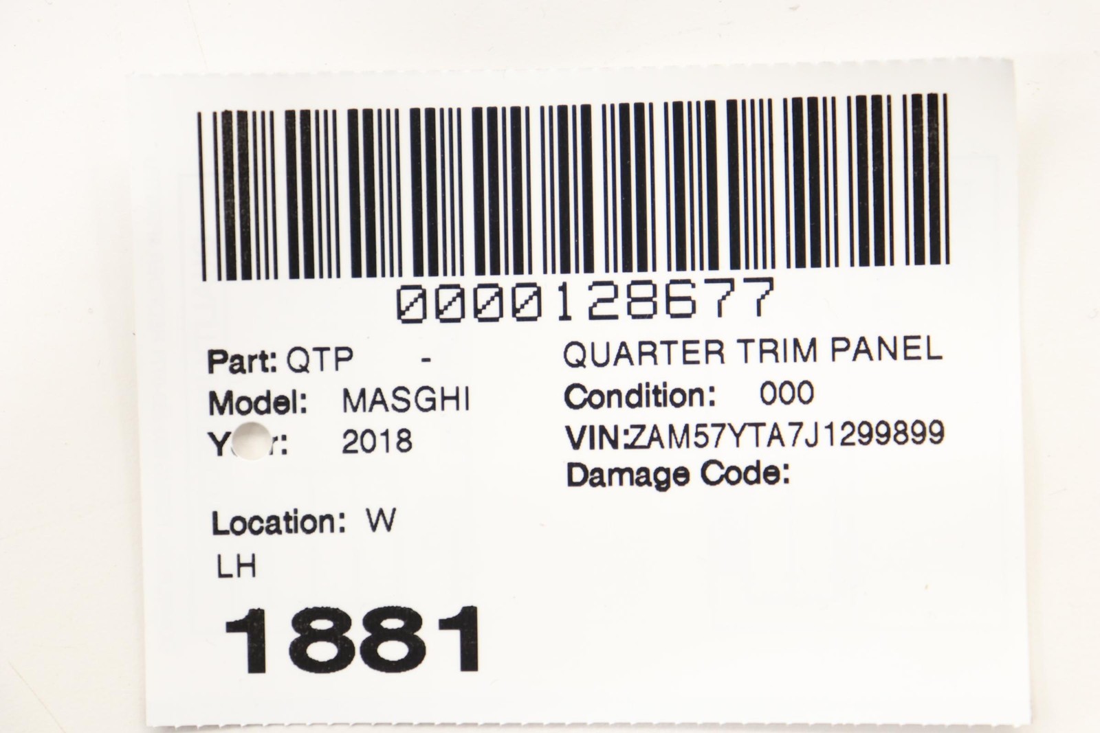 2014 - 2024 MASERATI GHIBLI REAR LEFT QUARTER COVER TRIM PANEL OEM 06700715290