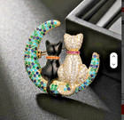 BRAND NEW 14K GOLD PLATED AND GENUINE CUBIC ZIRCONIA COUPLE CAT & MOON BROOCH
