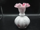 Vintage Fenton Silver Crest White Cased Beaded Melon Vase w/Crimped Edge-6 1/4"