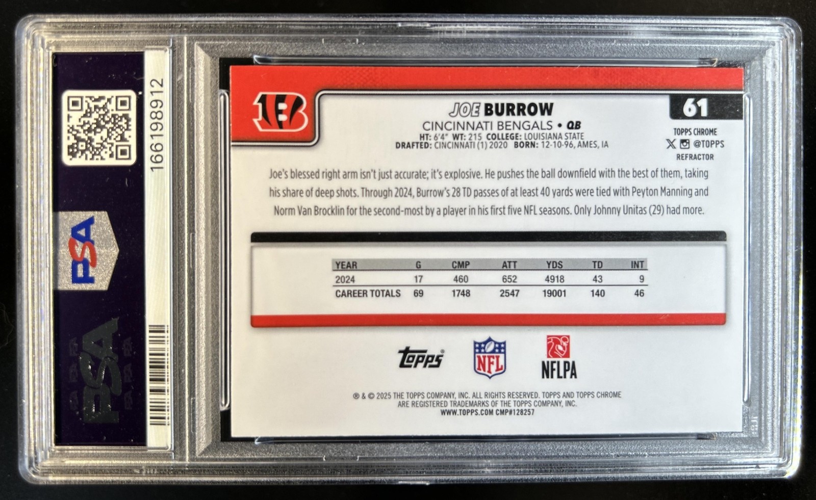 2025 Topps Chrome Joe Burrow Refractor #61 Bengals PSA 9 view 2