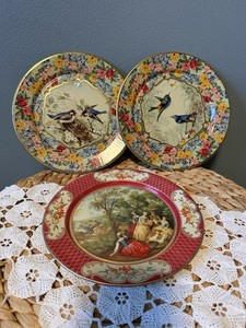 Vintage Daher Tin Wall Plates Set of 3 Birds Floral & Lancret Cottage Decor 9”