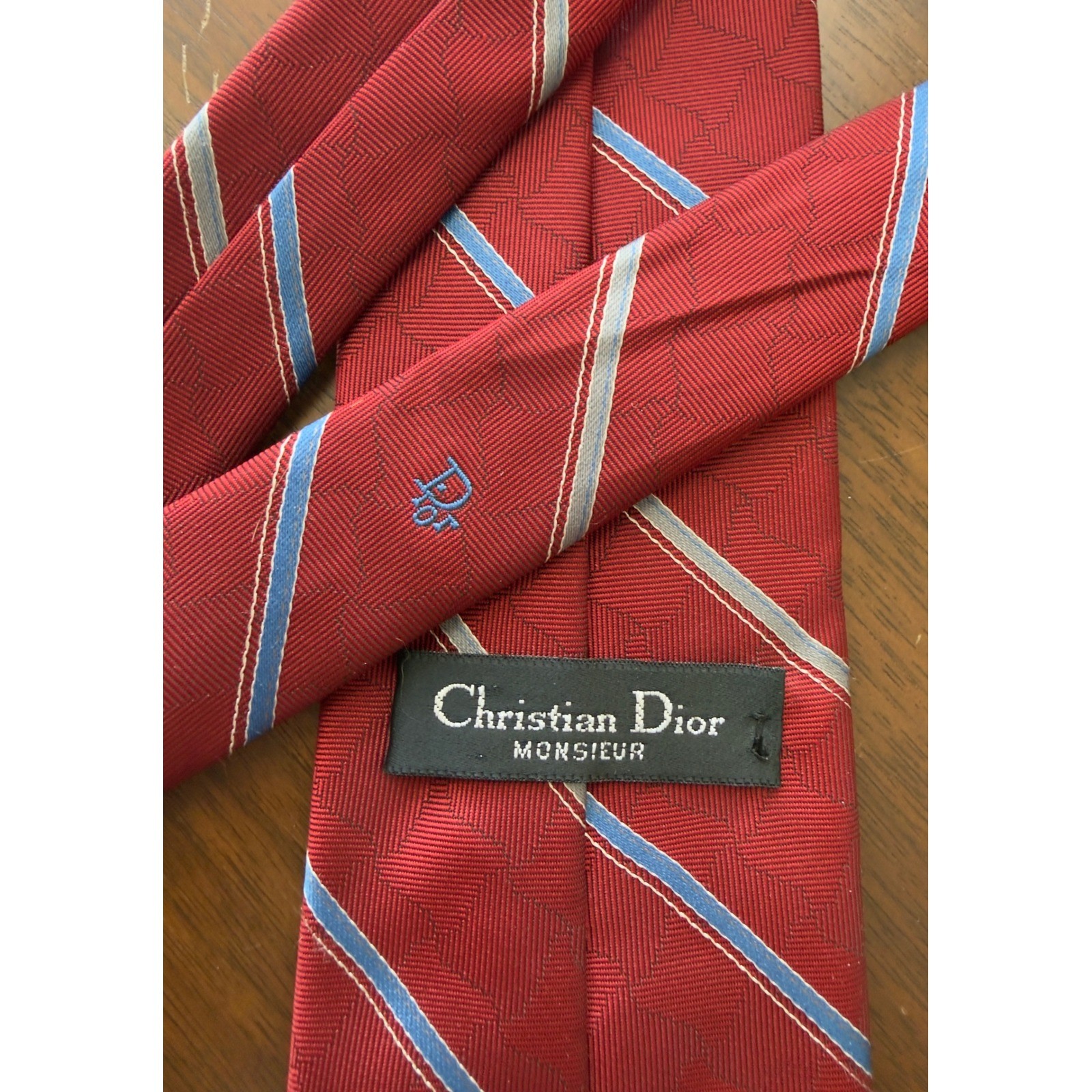 Christian Dior Monsieur Vintage Red Striped Geometric Silk Blend Tie Mens