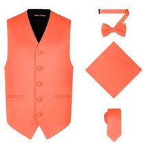 4pc Men's Solid Formal Suit Waistcoat Tuxedo Dress Vest Necktie XX-Large Coral