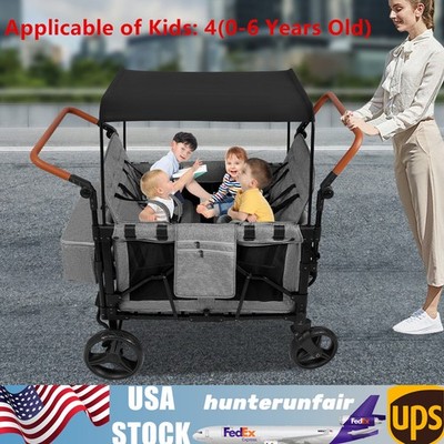 Folding Wagon Stroller for 4 Kids Face To Face High Seat Holds 264lbs & Canopy